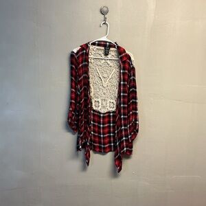 Justify Red and Black Plaid Cardigan with Lace Detail 0106